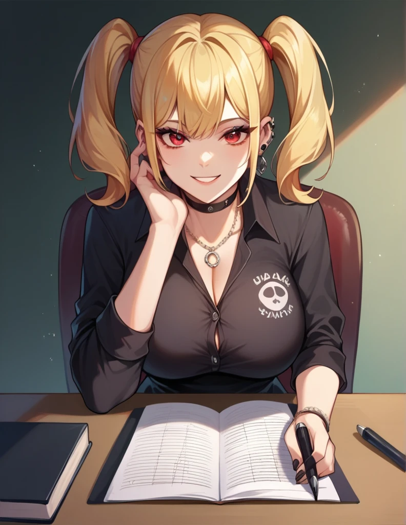 A picture of a young woman, big breast, light smile, full portrait, writing on a black notebook on a desk in a dark room, wearing a black goth dress, red eyes, double ponytails blonde hair sitted on a chair