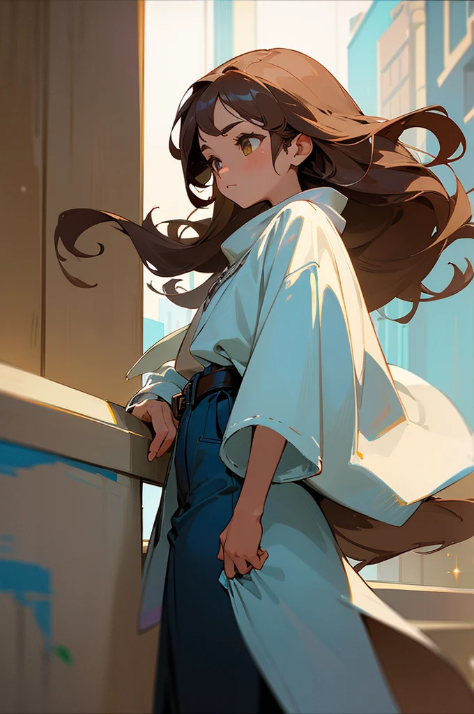 (masterpiece, best quality) detailed, 1Character, closeup, blue archive art style, pastel washed out colors, cell shade, soft, muted shades, gentle colors, Fashion ad, urban environment, big city, bohemian style clothing, often splattered with paint, cute girl, short height, 5'2", brown hair, very long hair, curly hair, hazel eyes that sparkle with creativity, tanned skin, skinny, delicate, feminine, age 16, high schooler, painter