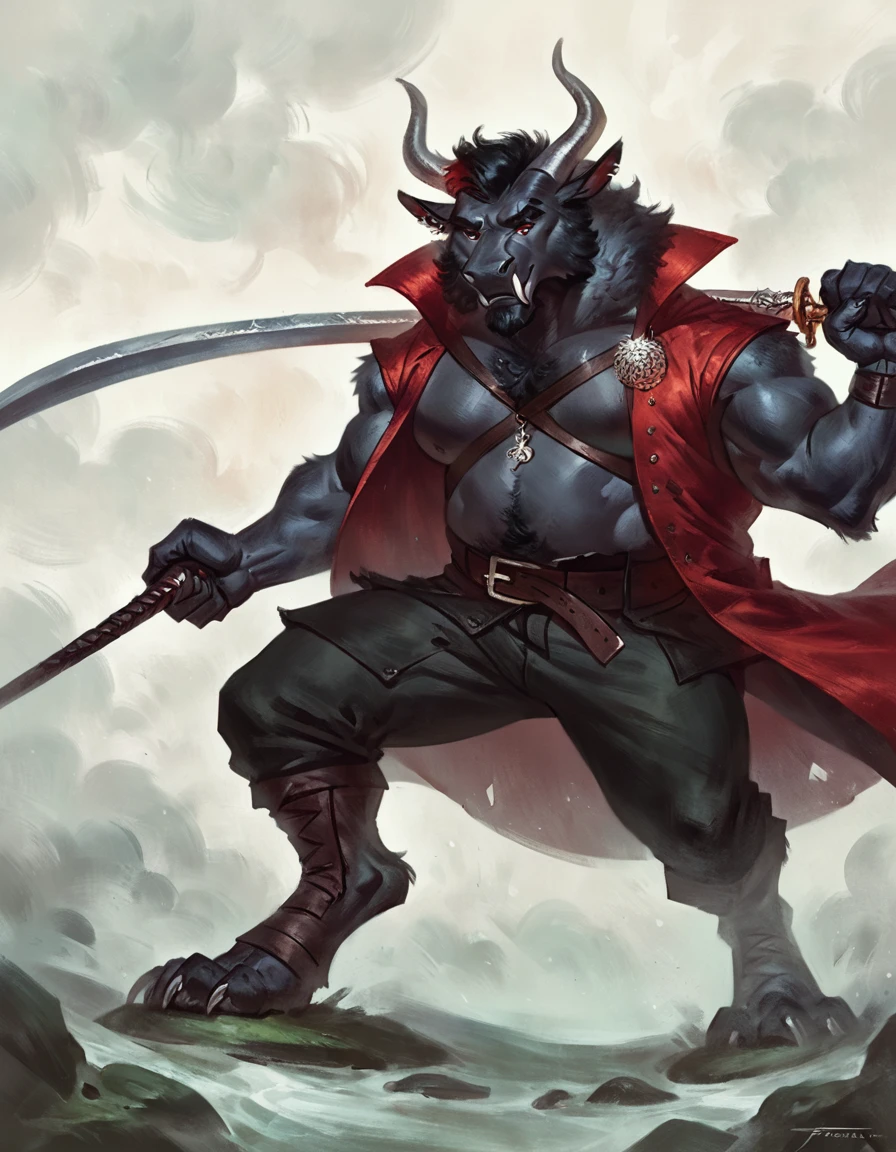 too Average sized, Anthropomorphic dragon his physique is achieved through a meticulous distribution of muscle and fat that creates a sense of comfort and approachability. Black scales. Black fur. Black Hair. Skin is a rich, deep black, with a subtle shimmer. His eyes are a piercing shade of Imperial red, framed by thick eyebrows. His attire, a black gambeson padded overcoat fabric vest with short sleeves, and with striking red salmon accents and intricate silver metal ornaments, is both functional and symbolic. The gambeson, a padded garment, The silver metal ornaments. Fur is predominantly black with salmon red-colored highlights. The fur on his torso and limbs is dense. His chest hair is kept at a moderate length. Large axe like fangs. Wield a slashing blade in a rapier-like's hilt. Ox guard stance pose. His predominant color is black and he got imperial red details. Anthro Artist Taran Fiddler art Style, epic character, olhos detalhados, Olhos lindos, escalas detalhadas.