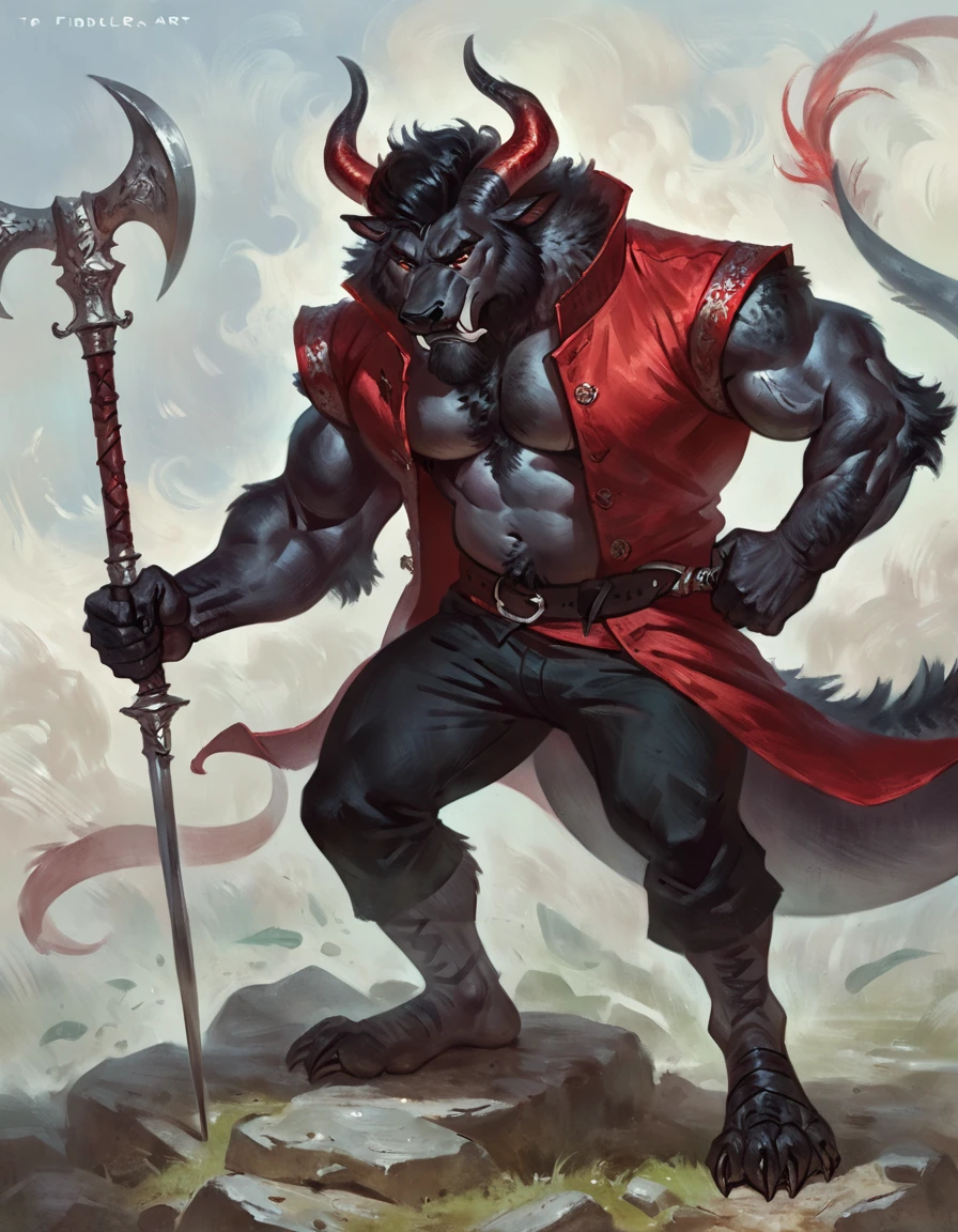 too Average sized, Anthropomorphic dragon his physique is achieved through a meticulous distribution of muscle and fat that creates a sense of comfort and approachability. Black scales. Black fur. Black Hair. Skin is a rich, deep black, with a subtle shimmer. His eyes are a piercing shade of Imperial red, framed by thick eyebrows. His attire, a black gambeson padded overcoat fabric vest with short sleeves, and with striking red salmon accents and intricate silver metal ornaments, is both functional and symbolic. The gambeson, a padded garment, The silver metal ornaments. Fur is predominantly black with salmon red-colored highlights. The fur on his torso and limbs is dense. His chest hair is kept at a moderate length. Large axe like fangs. Wield a slashing blade in a rapier-like's hilt. Ox guard stance pose. His predominant color is black and he got imperial red details. Anthro Artist Taran Fiddler art Style, epic character, olhos detalhados, Olhos lindos, escalas detalhadas.
