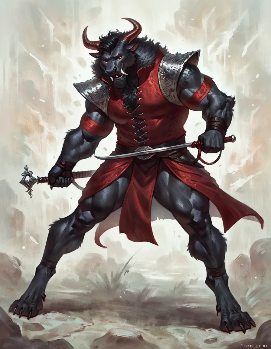 too Average sized, Anthropomorphic dragon his physique is achieved through a meticulous distribution of muscle and fat that creates a sense of comfort and approachability. Black scales. Black fur. Black Hair. Skin is a rich, deep black, with a subtle shimmer. His eyes are a piercing shade of Imperial red, framed by thick eyebrows. His attire, a black gambeson padded overcoat fabric vest with short sleeves, and with striking red salmon accents and intricate silver metal ornaments, is both functional and symbolic. The gambeson, a padded garment, The silver metal ornaments. Fur is predominantly black with salmon red-colored highlights. The fur on his torso and limbs is dense. His chest hair is kept at a moderate length. Large axe like fangs. Wield a slashing blade in a rapier-like's hilt. Ox guard stance pose. His predominant color is black and he got imperial red details. Anthro Artist Taran Fiddler art Style, epic character, olhos detalhados, Olhos lindos, escalas detalhadas.