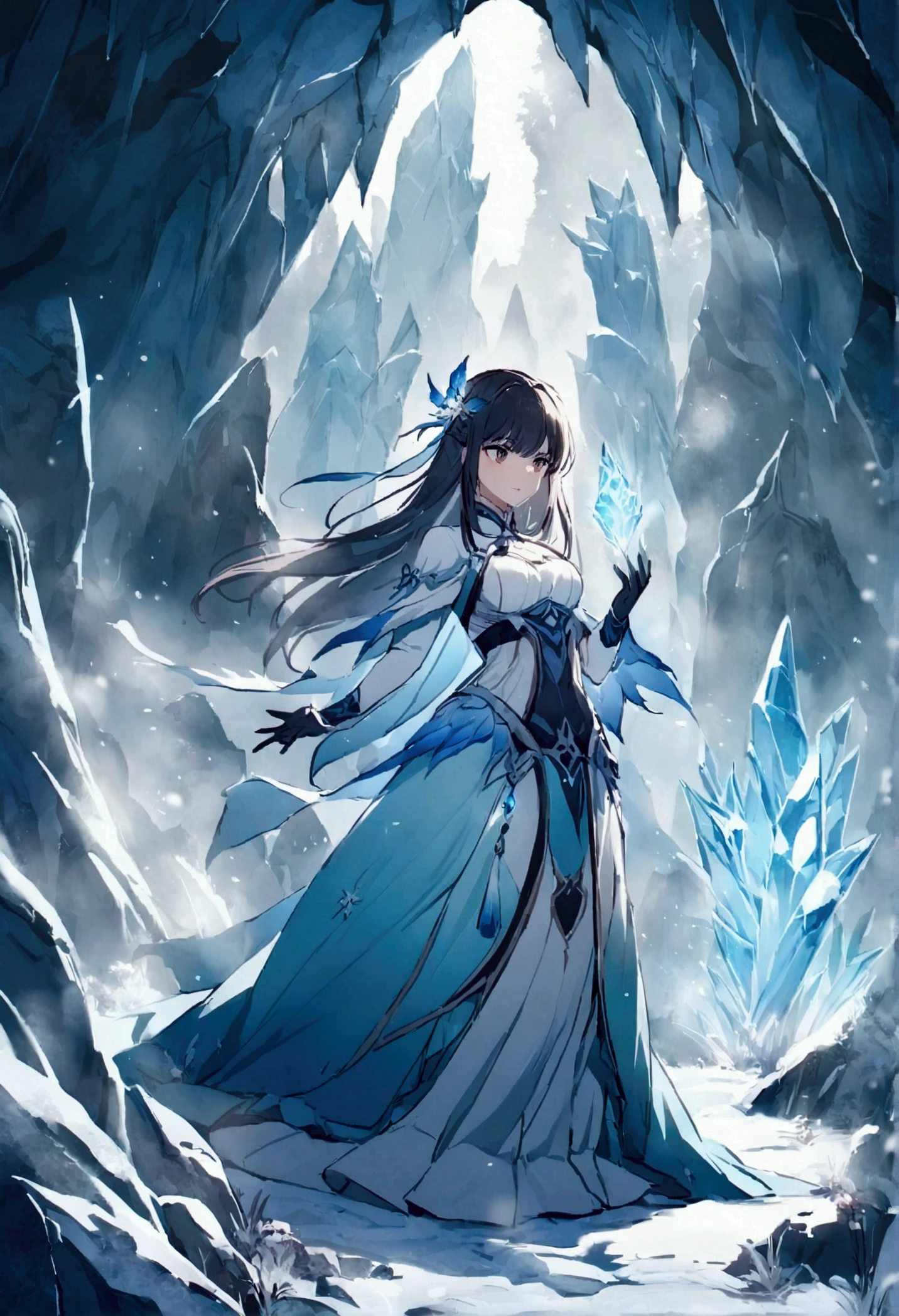 ((Chinese style，Immortal World，Xianxia World))，Mountain，Mist，(((Cave，)))mystery, frost, ice