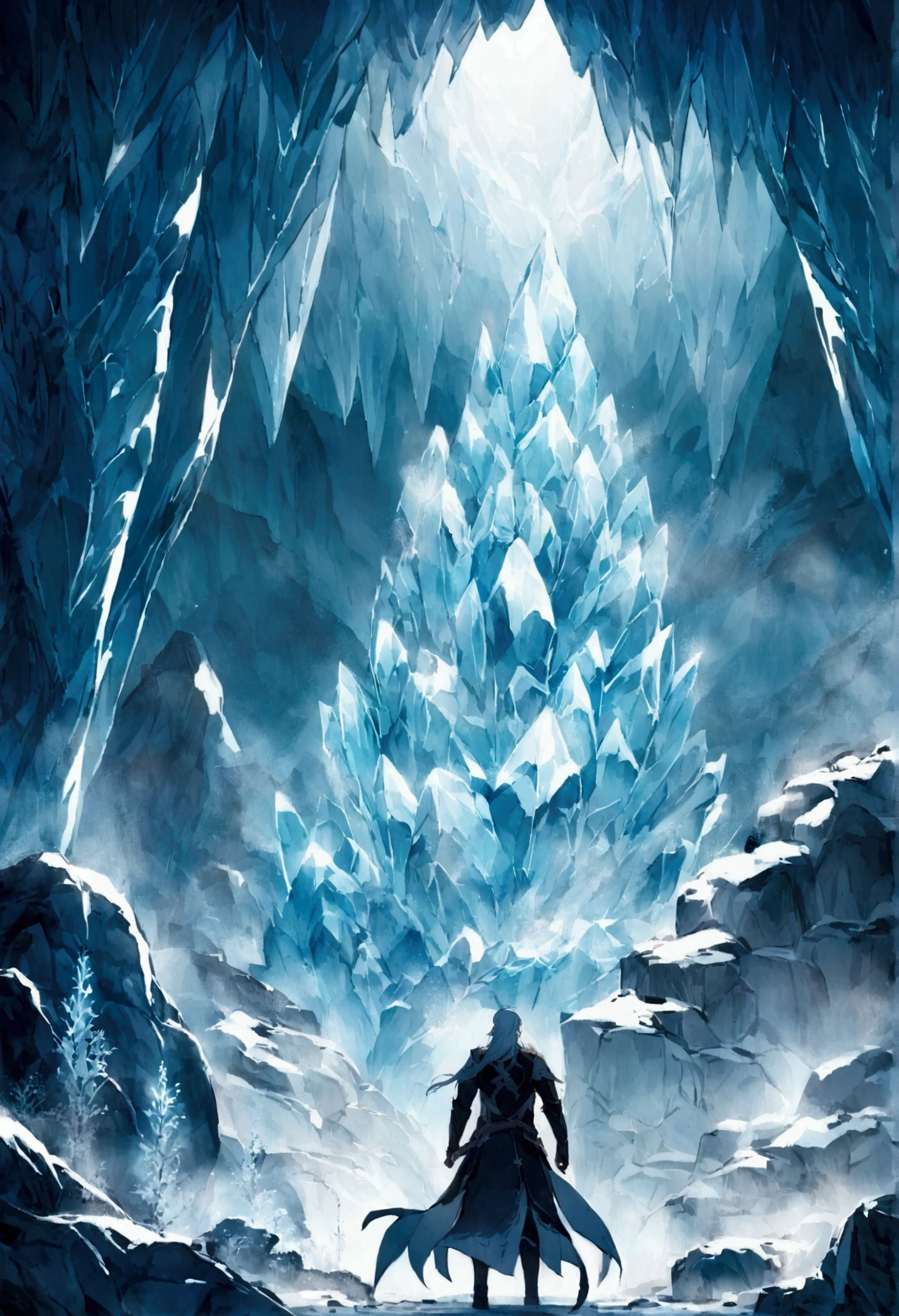 ((Chinese style，Immortal World，Xianxia World))，Mountain，Mist，(((Cave，)))mystery, frost, ice