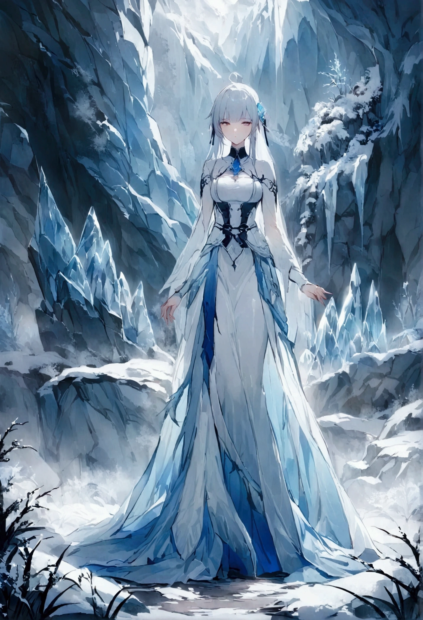 ((Chinese style，Immortal World，Xianxia World))，Mountain，Mist，(((Cave，)))mystery, frost, ice