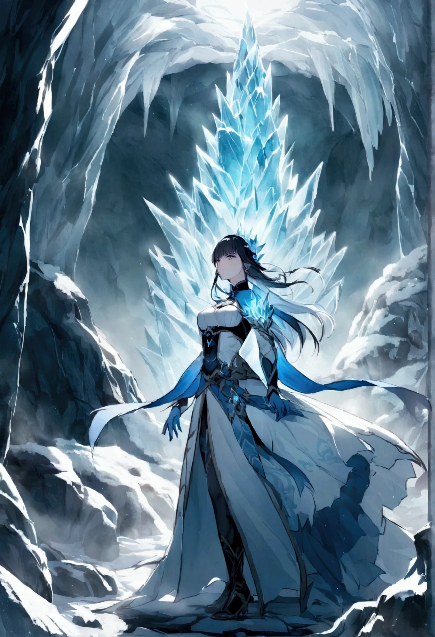 ((Chinese style,Immortal World,Xianxia World)),Mountain,Mist,(((Cave,)))mystery, frost, ice