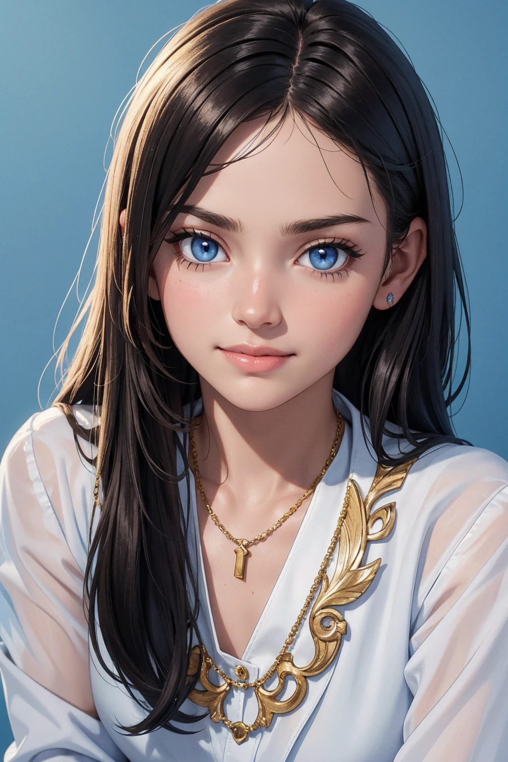 Bulgarian 15 year old girl, Beautiful face, (Dark brunette hair, long straight hair), (Blue eyes, sharp eyes), Ivory skin tone, Gold layered necklace, Long sleeves white lace shirt, (looks directly at the camera, serious expression, beautiful smile), Sitting straight (Photography for documents), sits directly on camera, Direct view(full face); High resolution, Natural Realistic Detailed Skin Texture, Natural lighting, 8K, Texture of the photo card, Maximum photorealism, (Blue Backdrop, School Picture Day Photo)