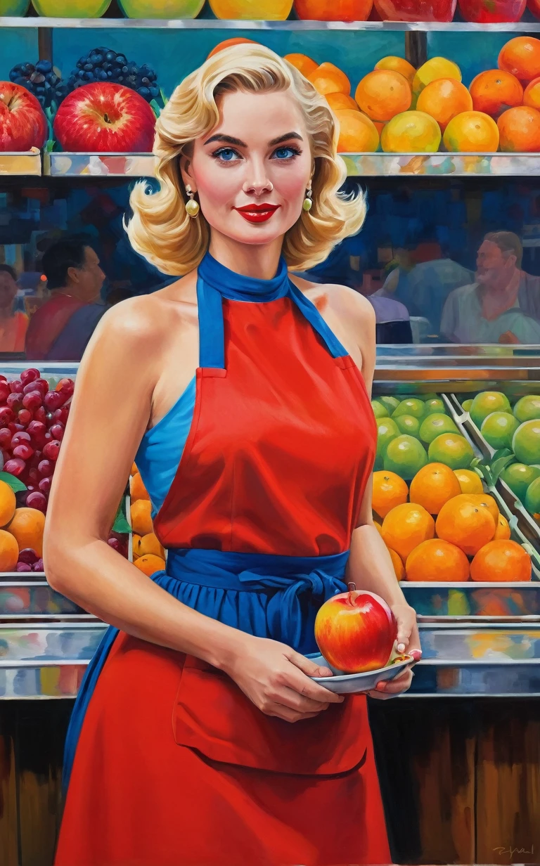 A captivating painting of pop icon standing confidently in front of a vibrant fruit stand. Her blonde hair is styled in her signature way, and she dons a red halter-neck dress and a blue apron. Her gaze is direct and self-assured, capturing the viewer's attention. The fruit stand showcases an array of colorful fruits, including apples and oranges, as well as bottles that may contain juice or vinegar. A man wearing a cap works behind the stand, adding depth to the scene. The market or street vendor setting provides an authentic atmosphere, with the bright red of Taylor's dress contrasting beautifully against the more subdued background., painting