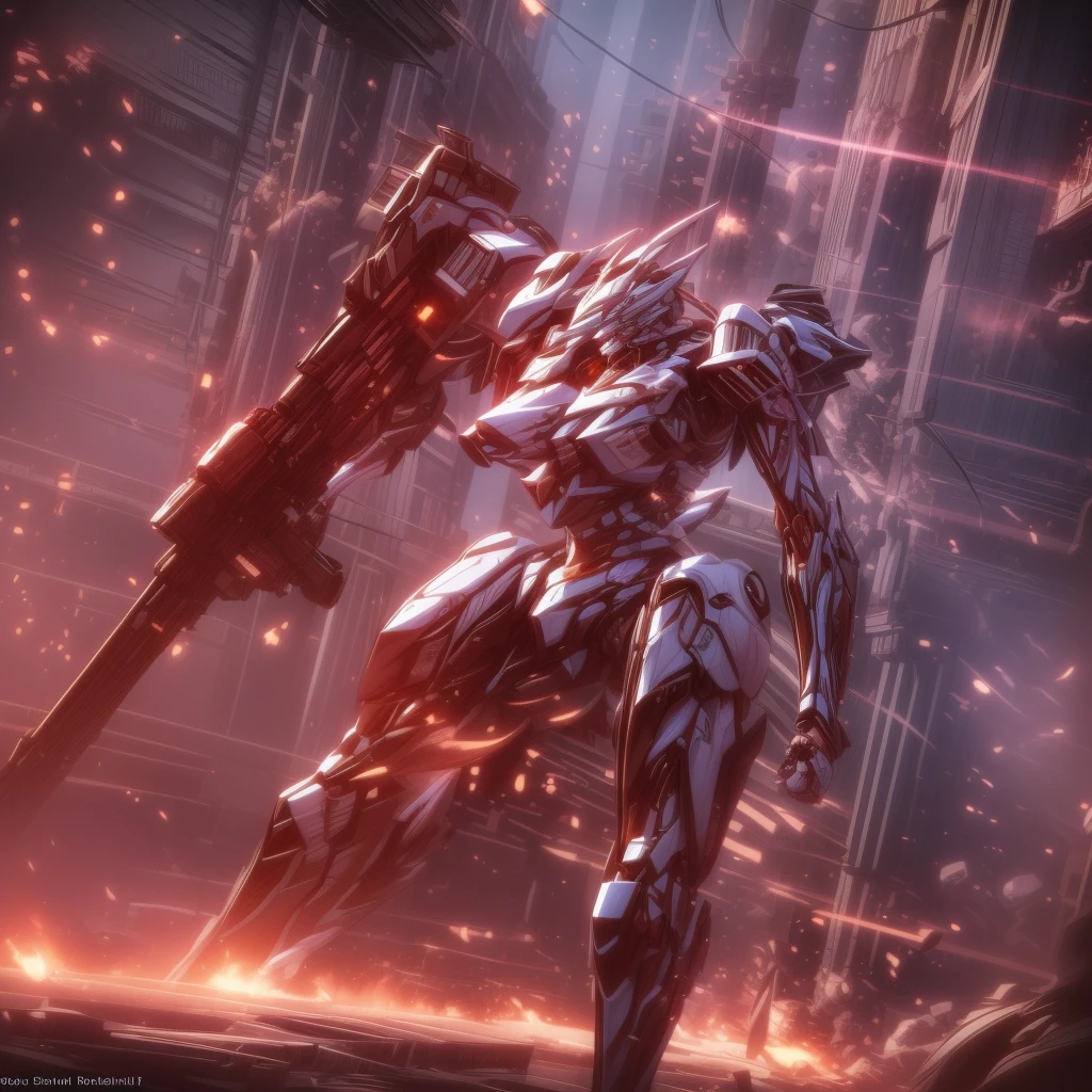 a close-up of an armed robot in a city, armored core style wick, cool mecha style, high detailed official artwork, mecha arte, ultra detailed game art, inspired by mecha, style of raymond swanland, alexandre ferra white mecha, advanced digital anime art”, high quality digital concept art, highly detailed digital art in 4k