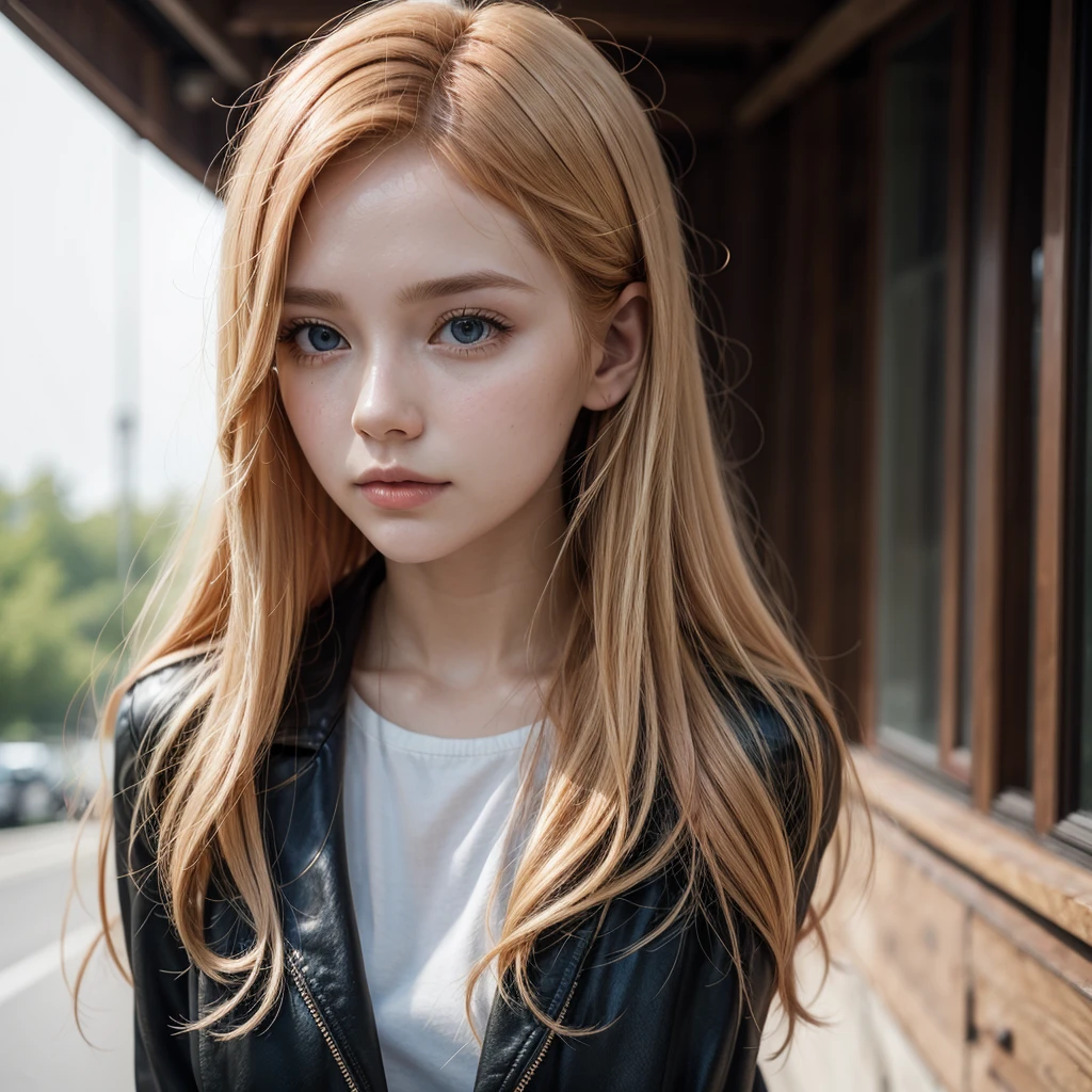 Woman with copper blonde hair, thoughtful, wearing romantic and modern clothes and transparent background