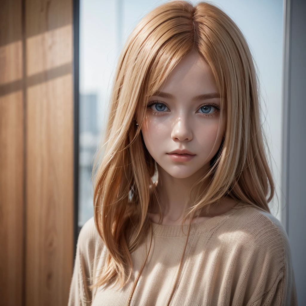 Woman with copper blonde hair, thoughtful, wearing romantic and modern clothes and transparent background