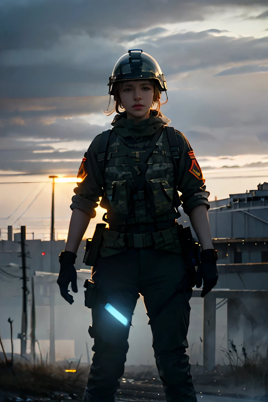 Battlefields of Ukraine、storm、Female soldier in combat uniform fighting tank、Wear a helmet, Surrealism, cinematic lighting, UHD, anatomically correct, award winning, best quality, highres, 8k