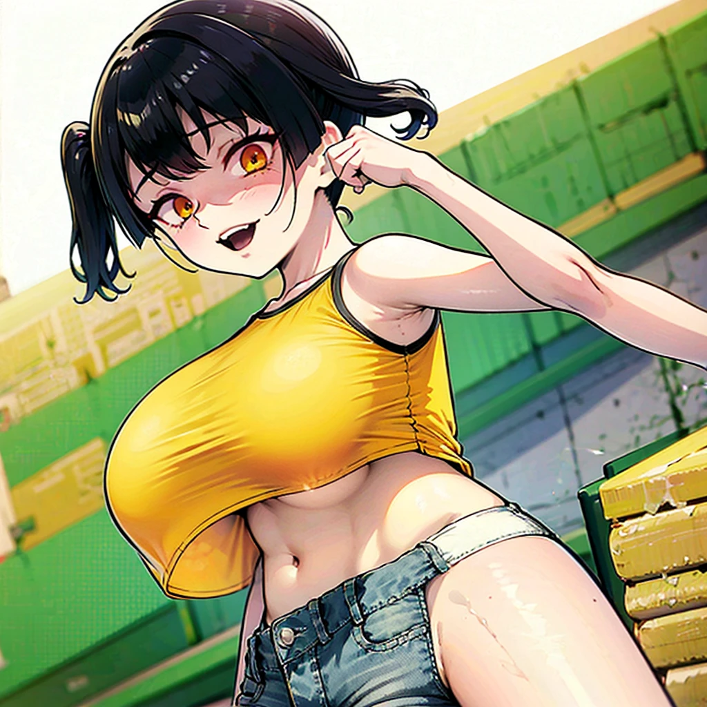 Sasaki Kanna shows off her big tits while playing gesugao, Yellow Tank Top, underboob, Sweat, Black hair twin tails, Guess face, smile, crazy Smile, 勝ち誇ったsmile, Pushing her big breasts together, Her body is like that of a slender elementary school student, but her breasts are large., Denim shorts