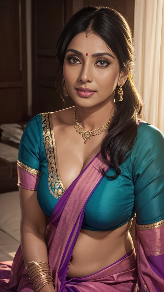 1girl, sexy, 45 years old Indian woman, (mature woman:1.3), looking at camera, smiling, lustful eyes, middle aged bhabhi, sitting on knees, sitting on bed, (freckles:0.2), long straight hair, ((thick detailed lips)), bedroom, detailed background, indoor, hires, (photorealistic:1.4), wide shot, full body photo, beautiful fluffy saree, thick curvy aunty, highly detailed, hyper realistic, traditional colourful saree, wind blowing, big chest, dusky skin, most beautiful woman, beautiful body, beautiful eyes nose lips, superb lighting, shot from above, shot from some distance, wide angle view