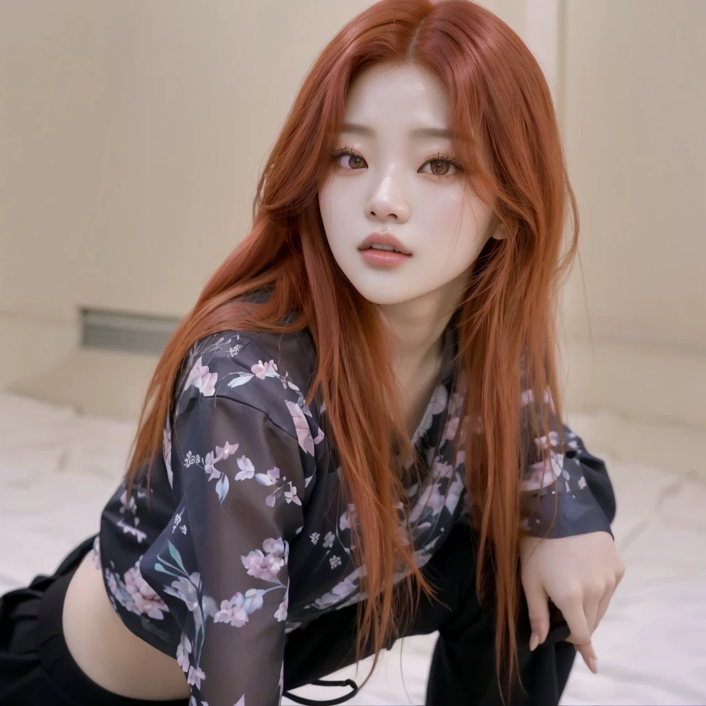 Arafed Asian woman with long red hair crouching, portrait of jossi de blackpink, jinyoung shin, roseanne park by blackpink, jossi de blackpink, heonhwa choe, jennie pink black, Korean artist, korean idol woman portrait, parque me, jaeyeon nam, Taejune Kim, gongbi, tzuyu of two times
