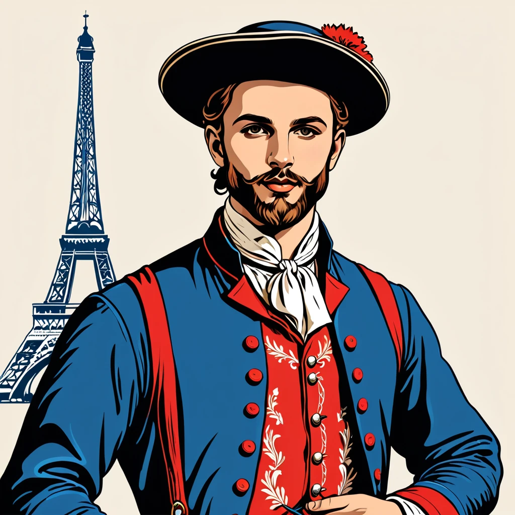 man in french folk outfit, vector graphics, strong contours