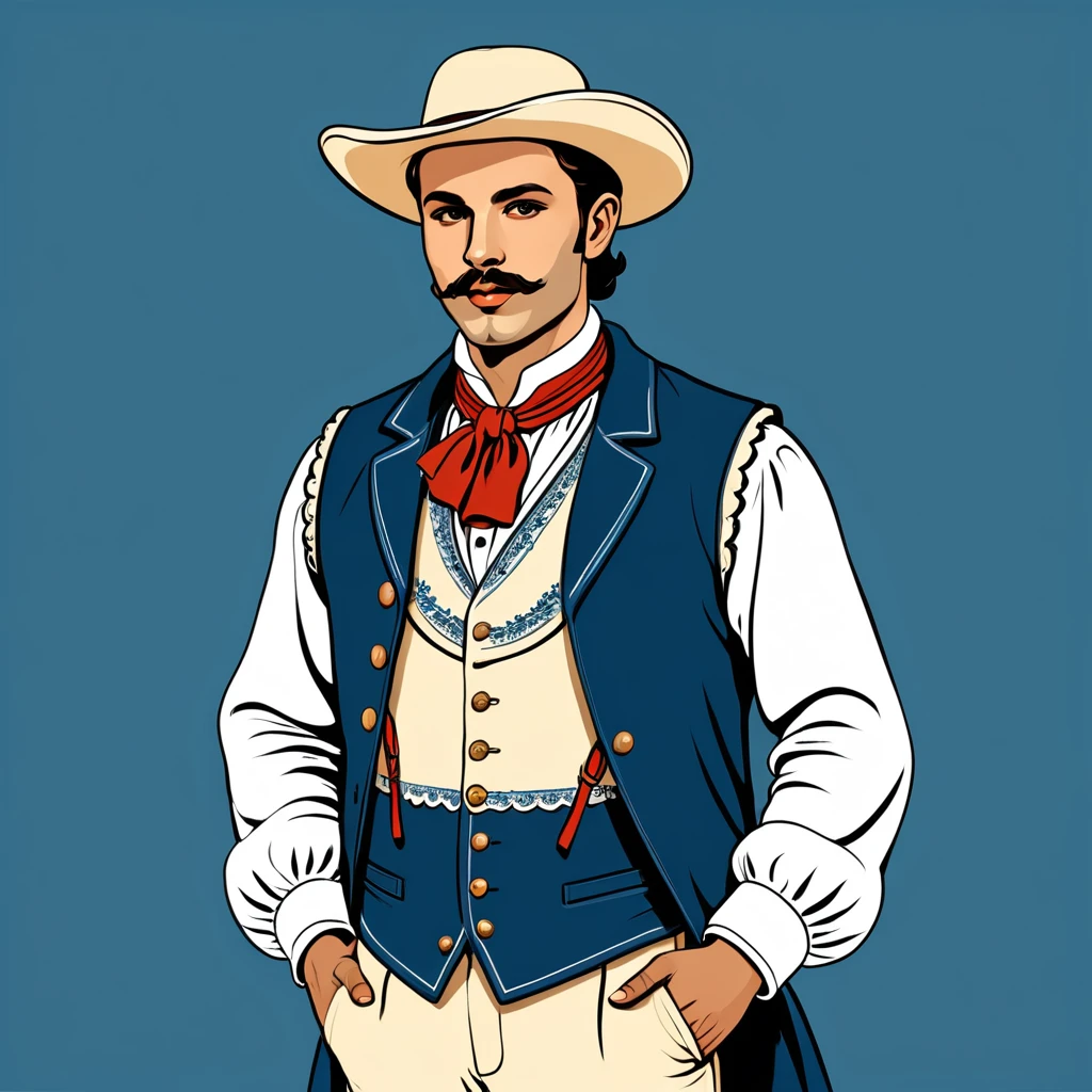 man in french folk outfit, vector graphics, strong contours
