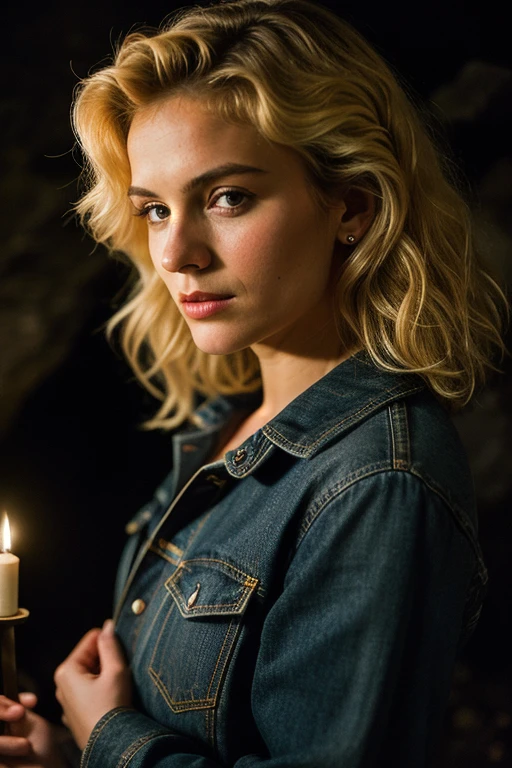 Photograph of a woman, (worried expression), Textured leather, goosebumps, blonde with afro hair, plaid flannel shirt with distressed boyfriend jeans, cowboy shot, a dark and mysterious cave with unique rock formations and hidden wonders, Perfect eyes, (by candlelight,chiaroscuro), holder for 160 flowers, shot on ARRI ALEXA 65, hips, sharp focus on the subject, shot by Don McCullin