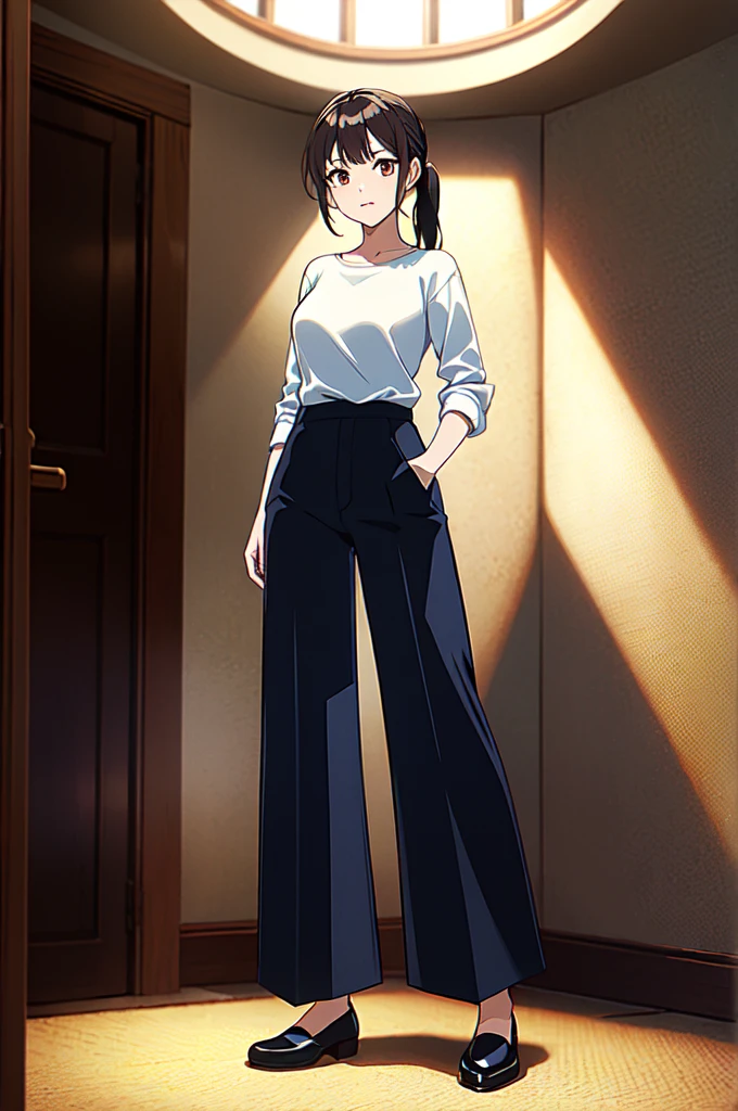 masterpiece, 32k, extremely detailed, finely detail, intricate details,
BREAK
(absurdres:1.1, highres:1.1, ultra detailed:1.1),
insanely detailed, absurdres,
(high resolution:1.1, ray tracing:1.1, refraction:1.1)
(1 female, 独奏:1.3),
BREAK
perfect symmetrical face, pony tail, (((Casual wear))), (((Wide-leg trousers)))
BREAK
(((full body))), standing,
BREAK
