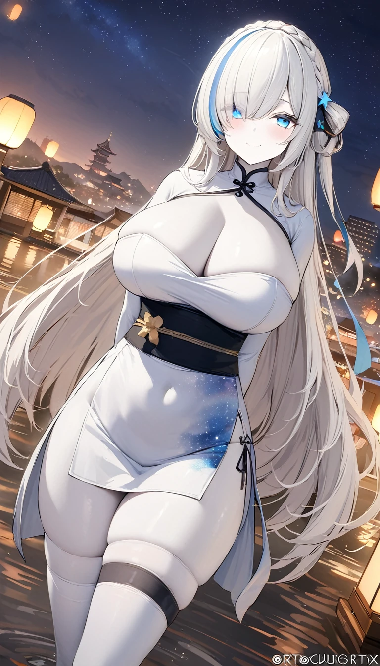 (masterpiece, high quality, high detail, 4k, rtx, high resolution:1.2),blue_streaked_hair,hair_over_one_eye, blue_eyes,very long hair,braid,white hair_ornament,white skin,black nail_polish,aged_down, solo,1girl, aerial_fireworks, architecture, aurora, bridge, building, city_lights, cityscape, cloud, constellation, crescent_moon, earth_(planet), east_asian_architecture, festival, fireflies, fireworks, flower, fountain, full_moon, galaxy, hair_ornament, horizon,(white dress, tubetop dress, china_dress, sexy pose:1.3), thighs, thighhighs,(strapless:1.2), (beautiful huge breasts:1.3),lantern, light_particles, looking_at_viewer, milky_way, moon, moonlight, night, night_sky, obi, onsen, outdoors, paper_lantern, planet, reflection, sash, shooting_star, sky, skyline, skyscraper, smile, snow, snowing, solo, space, sparkle, standing, star_(sky), star_(symbol), starry_background, starry_sky, starry_sky_print, summer_festival, sunrise, tanzaku, telescope, torii, tower, twilight,wading, water,arms behind back,finger polish