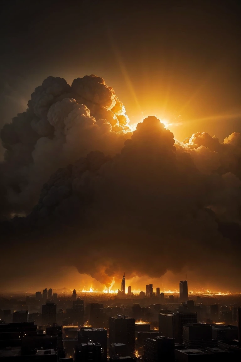 A desolate post-apocalyptic cityscape with no people of a burned-out city, photographed with a shallow depth of field to blur the sunny surroundings. Empty foreground, in a cinematographic work. The image is rendered in breathtaking 8K resolution, with hyper-realistic textures and subtle animations that simulate flickering flames and smoke-filled air. Warm, golden lighting conveys a sense of urgency, with bursts of fiery oranges and yellows illuminating the dark atmosphere, while the firefighter's worn, soot-stained gear appears almost three-dimensional, emphasizing the dire risks.