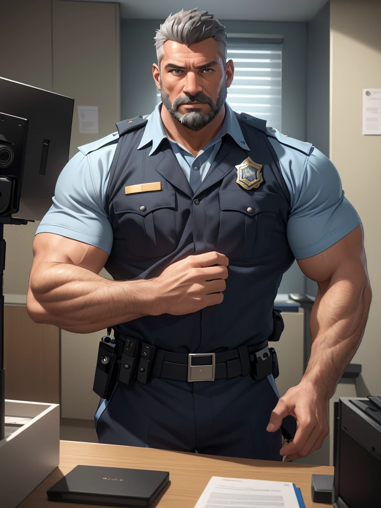 attractive man, Father, muscular, grey short hair, full beard, Sheriff, uniform, in police station, modern american office (best quality,4K,8k,highres,​masterpiece:1.2),Ultra-detail,(realisti,photorealisti,photo-realisti:1.37),  Film compositions, depth of field,Professional 3D rendering