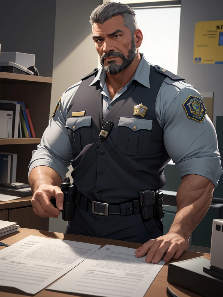 attractive man, Father, muscular, grey short hair, full beard, Sheriff, uniform, in police station, modern american office (best quality,4K,8k,highres,​masterpiece:1.2),Ultra-detail,(realisti,photorealisti,photo-realisti:1.37),  Film compositions, depth of field,Professional 3D rendering