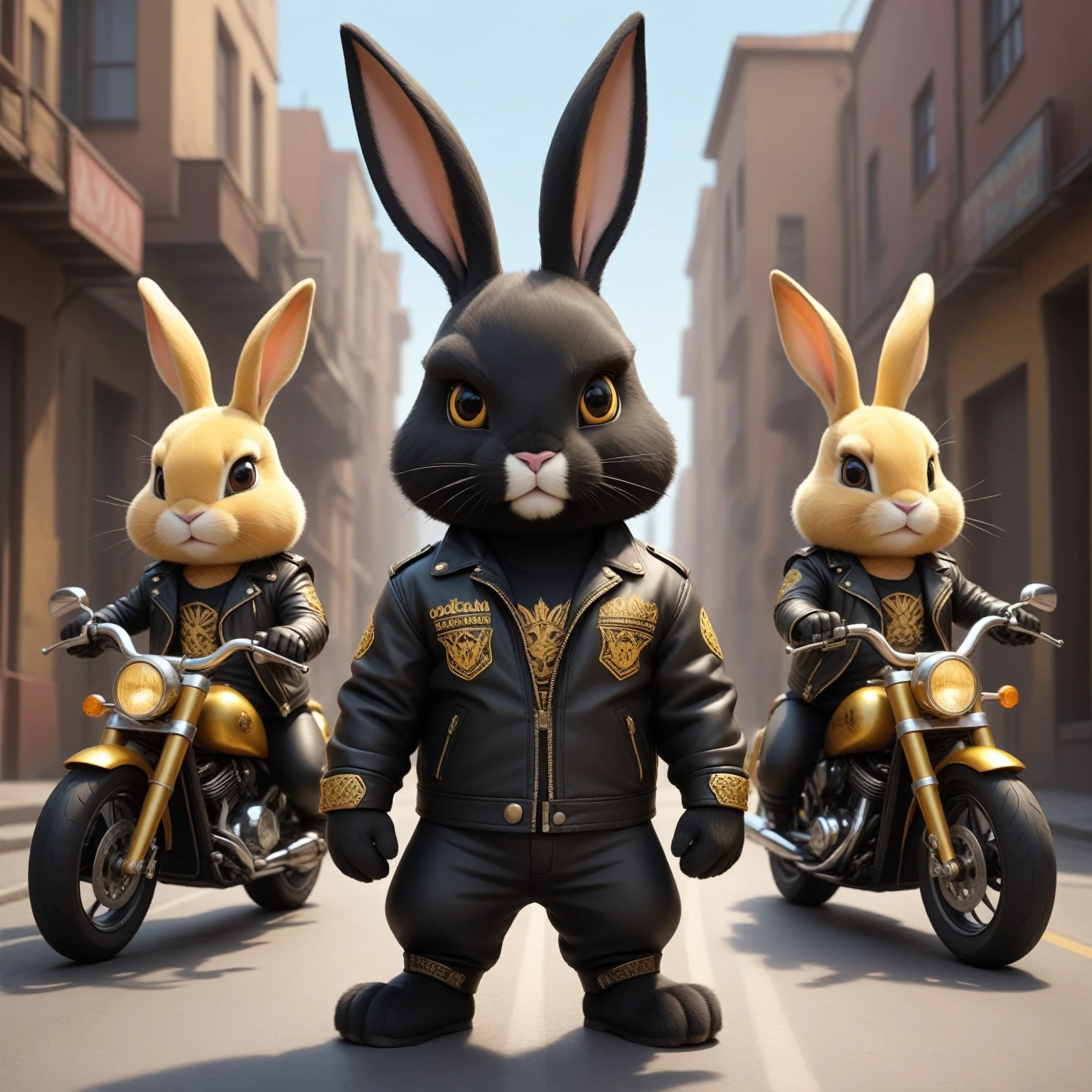 cartoon of (a tough rebel black golden bunny dressed as a gang of golden bikers, yellow leather jacket, Mohican:2.5), looking ahead at viewer, Symmetrical, chromatic fantasy, highy detailed, 8k, digitalpainting, oil painting, illustration, conceptual artwork, sharp focus, volumetric lighting, epic composition, CG Society, golden art station