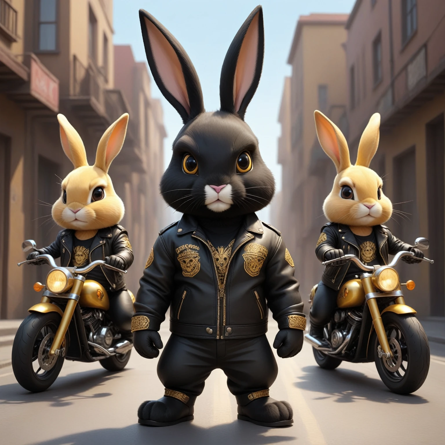 cartoon of (a tough rebel black golden bunny dressed as a gang of golden bikers, yellow leather jacket, Mohican:2.5), looking ahead at viewer, Symmetrical, chromatic fantasy, highy detailed, 8k, digitalpainting, oil painting, illustration, conceptual artwork, sharp focus, volumetric lighting, epic composition, CG Society, golden art station
