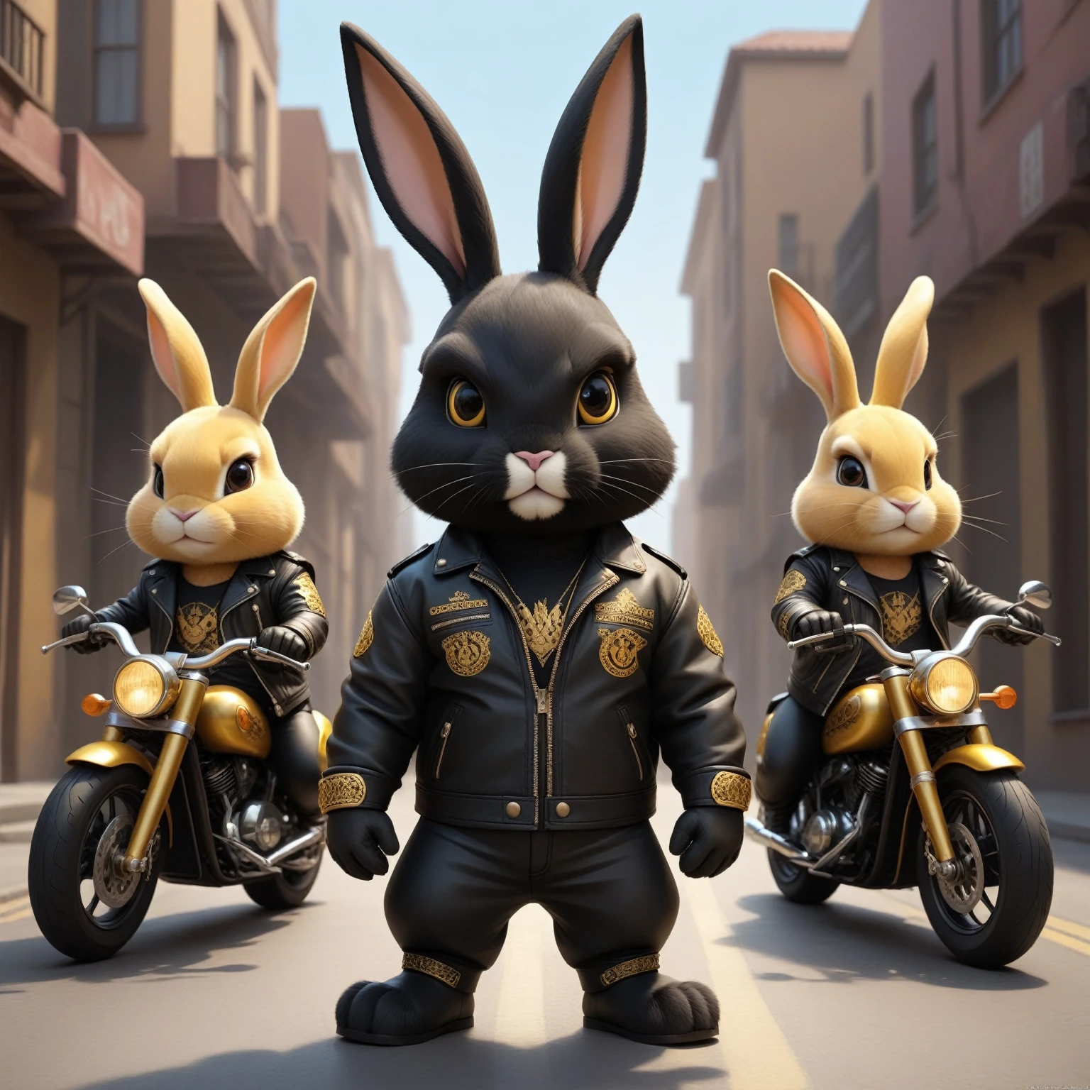cartoon of (a tough rebel black golden bunny dressed as a gang of golden bikers, yellow leather jacket, Mohican:2.5), looking ahead at viewer, Symmetrical, chromatic fantasy, highy detailed, 8k, digitalpainting, oil painting, illustration, conceptual artwork, sharp focus, volumetric lighting, epic composition, CG Society, golden art station