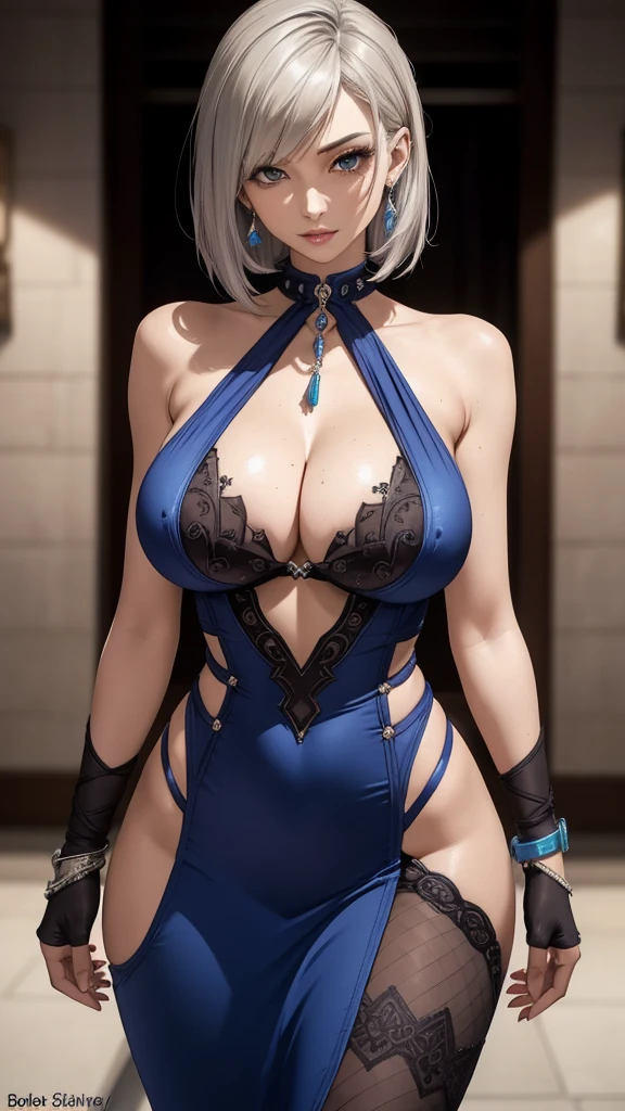  Beautiful sexy cool edgy  tall, slim, fit woman, intricate and highly detailed, big firm heavy breasts, deep cleavage, bob silver hair, sexy sleeveless sequin blue-black dress, body chain, diamond jewelry, sparkly, shiny, wlop, round premium , sexy , amazing boobies