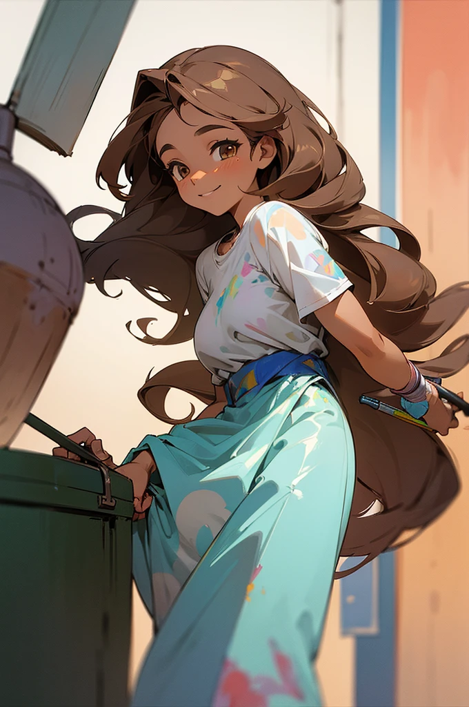 (masterpiece, best quality) detailed, 1Character, closeup, blue archive art style, pastel washed out colors, cell shade, soft, muted shades, gentle colors, Fashion ad, urban environment, big city, bohemian style clothing, often splattered with paint, cute girl, short height, 5'2", brown hair, very long hair, curly hair, hazel eyes that sparkle with creativity, tanned skin, skinny, delicate, feminine, age 16, high schooler, painter,smiling