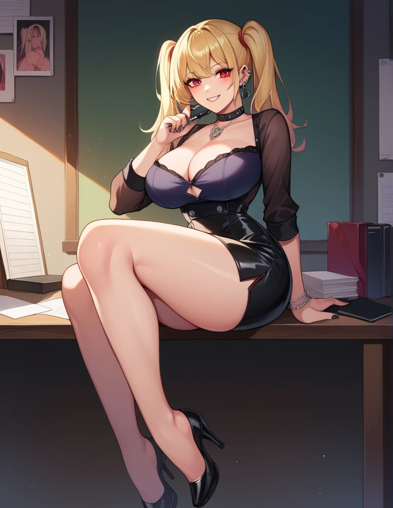 A picture of a young woman, big breast, light smile, full portrait, writing on a black notebook on a desk in a dark room, wearing a black goth dress whit a black mini-skirt, red eyes, double ponytails blonde hair sitted on a chair