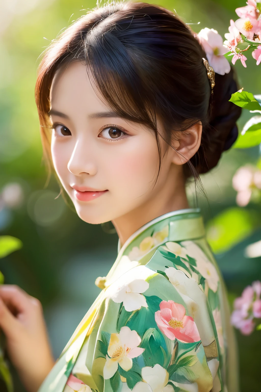 Girl with exquisite facial details, beautiful lips and eyes, beauty of china, in the garden, Wearing a traditional cheongsam, With a graceful posture and a calm look. She is surrounded by blooming flowers and lush greenery.. The sunlight shines softly through the leaves, Gives her face a soft, warm glow. The artwork is created using oil painting techniques, Emphasis on ultra-detailed brushwork and realistic depiction. The colors are bright and vibrant, With a touch of romanticism. The overall image quality is top notch, 4K resolution and photorealistic details. The lighting is、Enhance the beauty of girls、Carefully designed to create a tranquil and peaceful atmosphere.