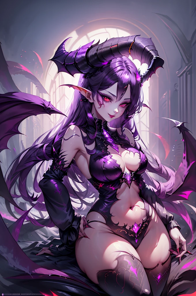 succubus demon woman with a thin face, slanted eyes with white eyeliner, black eyelashes, red lipstick, mischievous smile, wearing jeans and a tight white shirt, with large purple wings