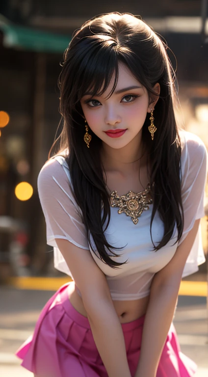 (Accurate Body Depiction), (Oversized Glamor: 1.6), Tight and transparent short top in random colors, Tight and transparent short skirt in random colors, exposed thighs, beautiful woman with high hips, big eyes, brown eyes, bright and vivid Makeup, lipstick, dark fantasy, long black hair, beauty marks, bright eyes, dark background, bokeh, collarbone, navel, ((extra large glamor)), (masterpiece, highest quality), illustration, 8k height detailed and realistic, vivid focus , Professional lighting, amazing details, intricate details, attractive girl, various bold model poses, smiling smile, realistic high definition, soft lighting, open legs, nipple, pink pussy, glowing skin, (detailed face), sharp focus photography, --Never finger Don't draw the arms and body wrong.