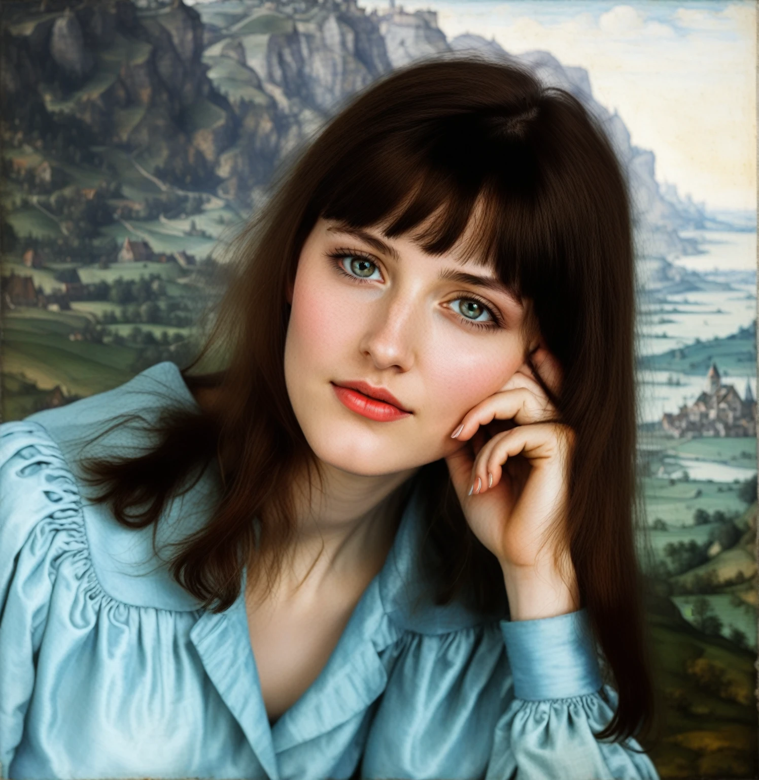 [[full-length view: young attractive girl ((style  Albrecht_Durer))]/[background: (amazing Renaissance landscape based on 
Pieter Brueghel the Elder) (masterpiece)], oil painting, extreme detail, intricate, unusual, ((best quality))]