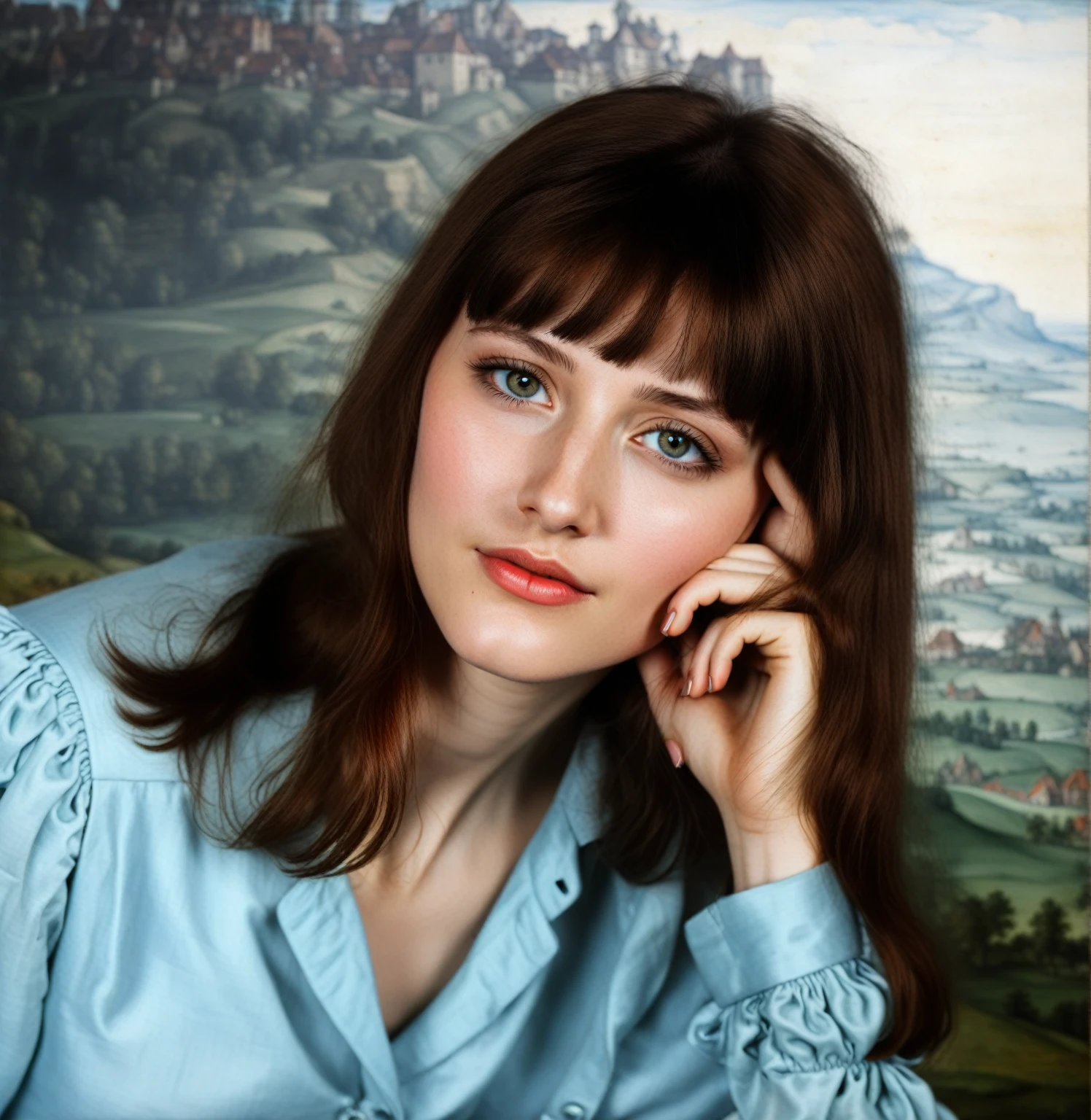 [[full-length view: young attractive girl ((style  Albrecht_Durer))]/[background: (amazing Renaissance landscape based on 
Pieter Brueghel the Elder) (masterpiece)], oil painting, extreme detail, intricate, unusual, ((best quality))]