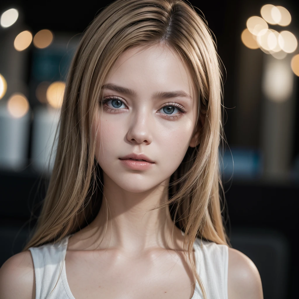 Woman with dark blonde hair, thoughtful, wearing romantic and modern clothes and transparent background, photography realistic