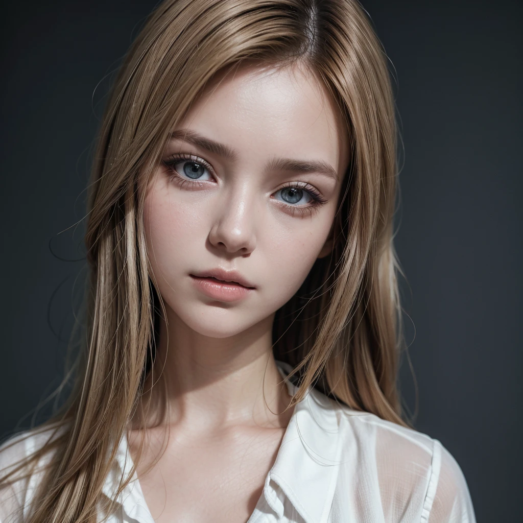 Woman with dark blonde hair, thoughtful, wearing romantic and modern clothes and transparent background, photography realistic