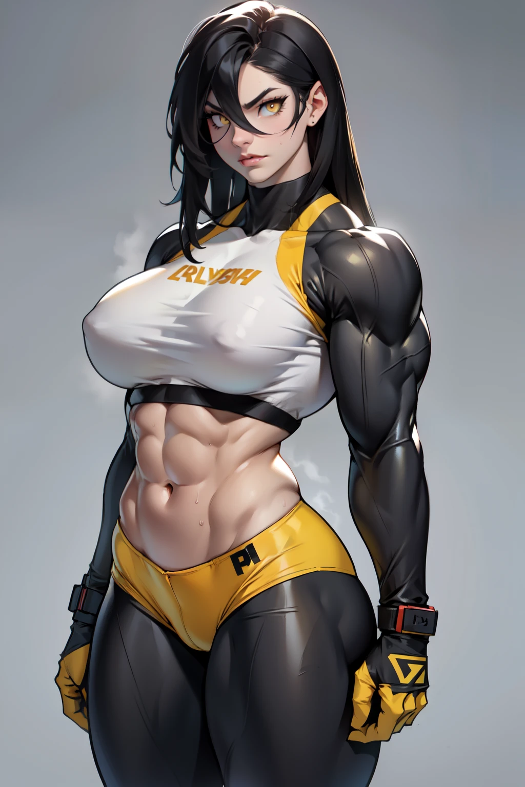 girl (1girl muscular grey background pale skin bodybuilder) toned body huge breasts thin waist black hair yellow eyes straight hair sweaty hair between eyes skintight