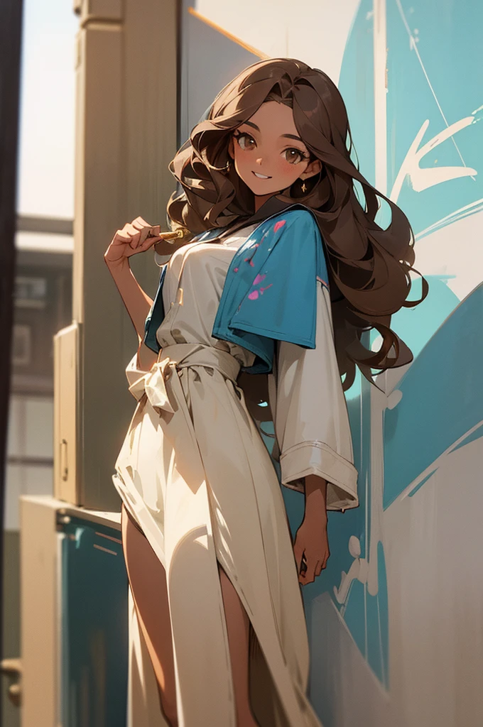(masterpiece, best quality) detailed, 1Character, closeup, blue archive art style, pastel washed out colors, cell shade, soft, muted shades, gentle colors, Fashion ad, urban environment, big city, bohemian style clothing, often splattered with paint, cute girl, short height, 5'2", brown hair, very long hair, curly hair, hazel eyes that sparkle with creativity, tanned skin, skinny, delicate, feminine, age 16, high schooler, painter, smiling