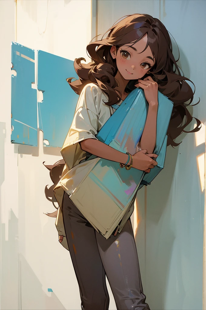 (masterpiece, best quality) detailed, 1Character, closeup, blue archive art style, pastel washed out colors, cell shade, soft, muted shades, gentle colors, Fashion ad, urban environment, big city, bohemian style clothing, often splattered with paint, cute girl, short height, 5'2", brown hair, very long hair, curly hair, hazel eyes that sparkle with creativity, tanned skin, skinny, delicate, feminine, age 16, high schooler, painter, smiling
