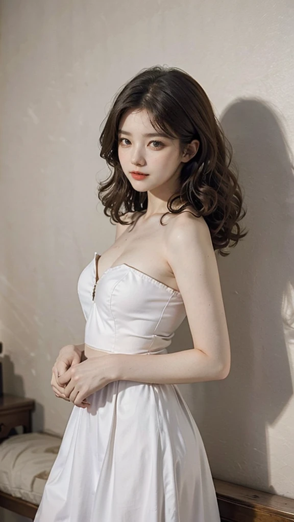 detailed background, masterpiece, best quality, 1 person , curly hair, long hair, purple eyes, star in eye , white Strapless blouse, long skirt
