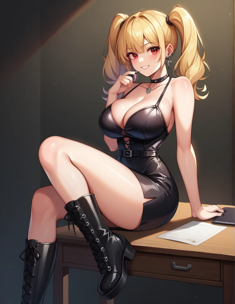 A picture of a young woman, big breast, light smile, full portrait, writing on a black notebook on a desk in a dark room, wearing a black goth dress whit a black short skirt and high black boots, red eyes, double ponytails blonde hair sitted on a chair