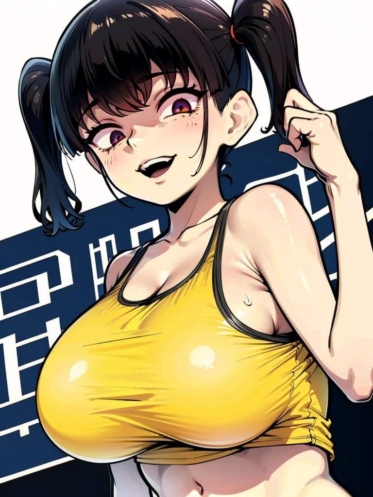 Sasaki Kanna shows off her big tits while playing gesugao, Yellow Tank Top, underboob, Sweat, Black hair twin tails, Guess face, smile, crazy Smile, 勝ち誇ったsmile, Pushing her big breasts together, Her body is like that of a slender elementary school student, but her breasts are large.