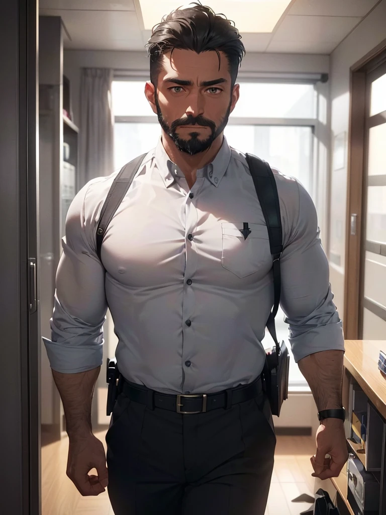 attractive man, Father, muscular, grey short hair, full beard, Sheriff, uniform, in police station, modern american office (best quality,4K,8k,highres,masterpiece:1.2),Ultra-detail,(realisti,photorealisti,photo-realisti:1.37), Film compositions, depth of field,Professional 3D rendering