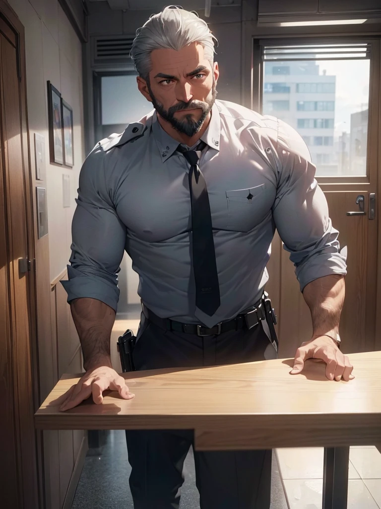attractive man, Father, muscular, grey short hair, full beard, Sheriff, uniform, in police station, modern american office (best quality,4K,8k,highres,masterpiece:1.2),Ultra-detail,(realisti,photorealisti,photo-realisti:1.37), Film compositions, depth of field,Professional 3D rendering