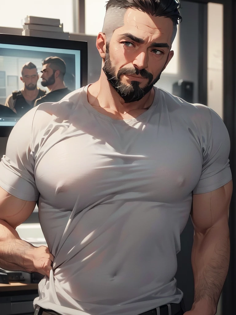 attractive man, Father, muscular, grey short hair, full beard, Sheriff, uniform, in police station, modern american office (best quality,4K,8k,highres,masterpiece:1.2),Ultra-detail,(realisti,photorealisti,photo-realisti:1.37), Film compositions, depth of field,Professional 3D rendering