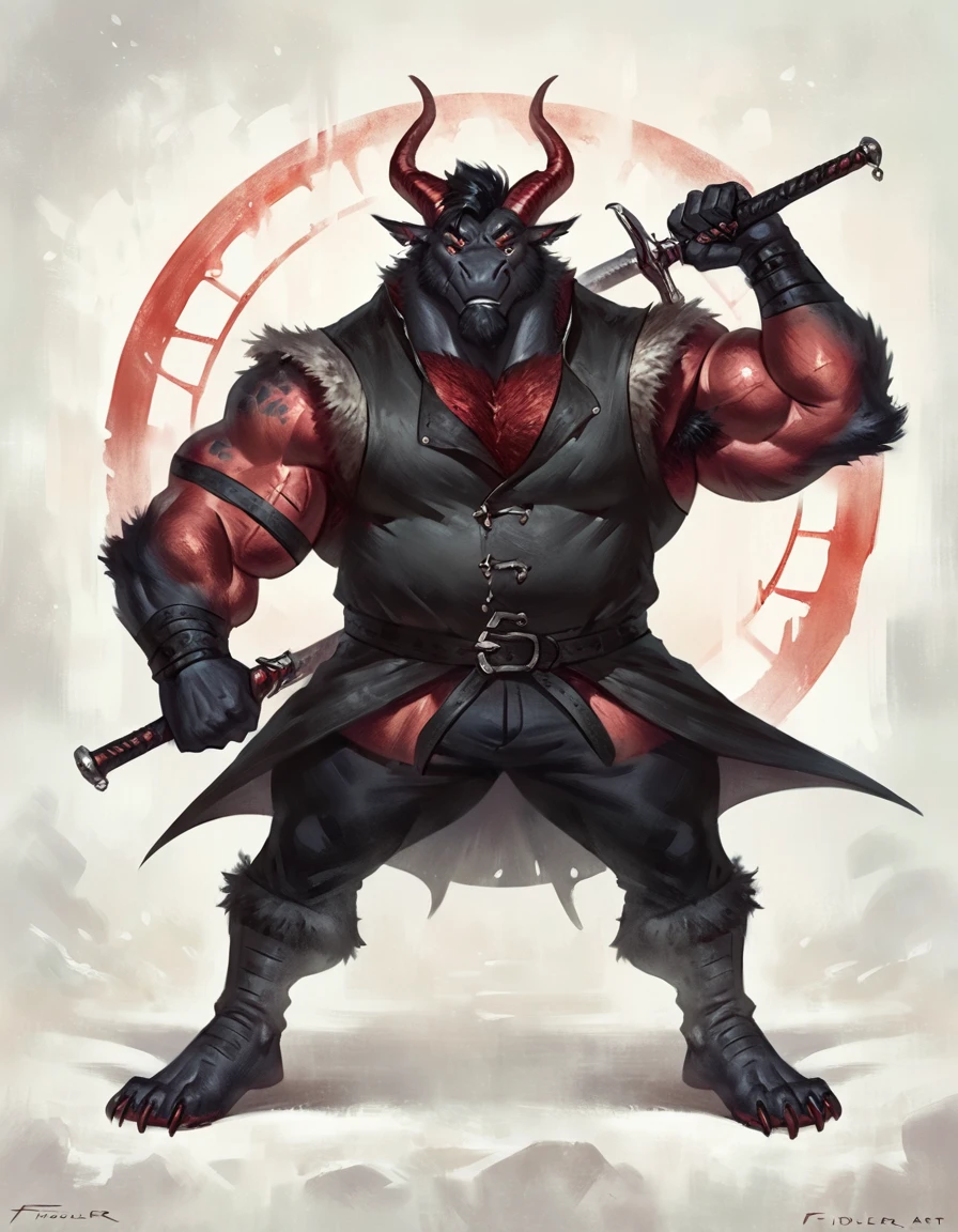 too Average sized, Anthropomorphic dragon his physique is achieved through a meticulous distribution of muscle and fat that creates a bulky body. Black scales. Black fur. Black Hair. Skin is a rich, deep black, with a subtle shimmer. His eyes are a piercing shade of Imperial red, framed by thick eyebrows. His attire, a black gambeson padded overcoat fabric vest with short sleeves, and with striking red salmon accents and intricate silver metal ornaments, is both functional and symbolic. The gambeson, a padded garment, The silver metal ornaments. Fur is predominantly black with salmon red-colored highlights. His chest hair is kept at a moderate length. Wielding a slashing sword in a rapier-like's hilt. Rapier aggressive stance. His predominant color is black and he got imperial red details. Anthro Artist Taran Fiddler art Style, epic character, olhos detalhados, Olhos lindos, escalas detalhadas.