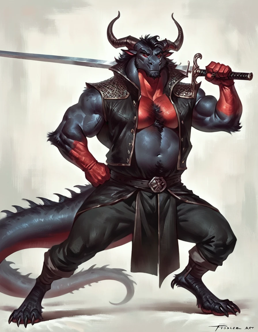too Average sized, Anthropomorphic dragon his physique is achieved through a meticulous distribution of muscle and fat that creates a bulky body. Black scales. Black fur. Black Hair. Skin is a rich, deep black, with a subtle shimmer. His eyes are a piercing shade of Imperial red, framed by thick eyebrows. His attire, a black gambeson padded overcoat fabric vest with short sleeves, and with striking red salmon accents and intricate silver metal ornaments, is both functional and symbolic. The gambeson, a padded garment, The silver metal ornaments. Fur is predominantly black with salmon red-colored highlights. His chest hair is kept at a moderate length. Wielding a slashing sword in a rapier-like's hilt. Rapier aggressive stance. His predominant color is black and he got imperial red details. Anthro Artist Taran Fiddler art Style, epic character, olhos detalhados, Olhos lindos, escalas detalhadas.